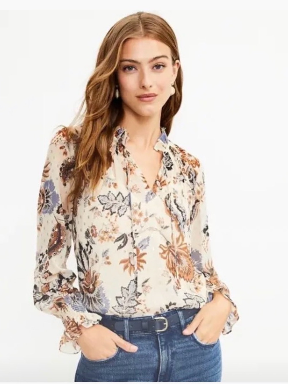 LOFT Vine Cream Floral Tie neck Long-Sleeve Sheer Blouse, medium